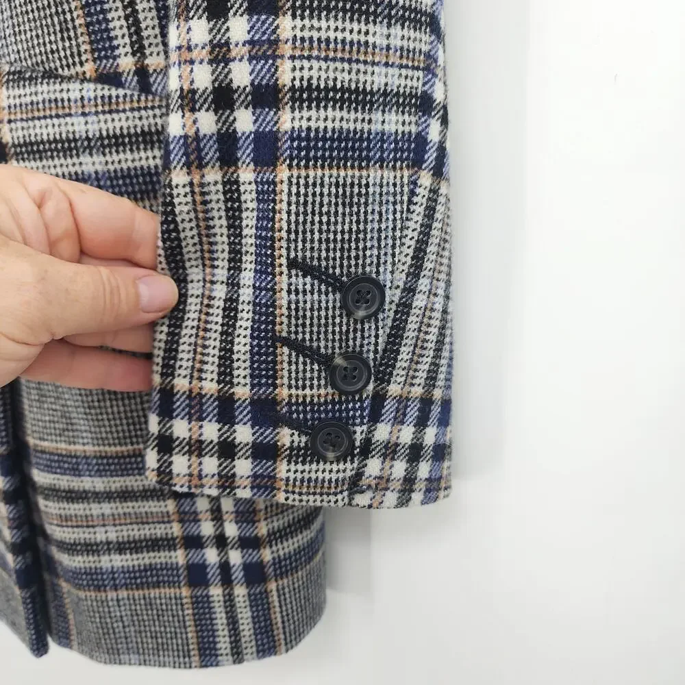 Ikks‎ Women's Plaid Double-Breasted Blazer Wool Size XS Oversized
